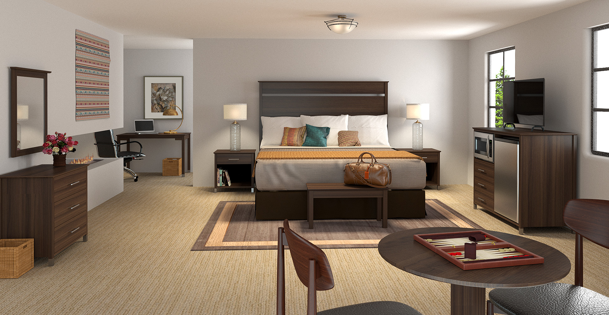 Malibu hotel furniture collection with headboard, nightstands, desk and storage